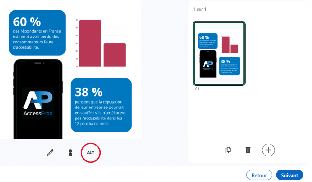 Post LinkedIn visuel des chiffres clés, "60 % des répondants en France estiment avoir perdu des consommateurs faute d'accessibilité" et "38 % pensent que la réputation de leur entreprise pourrait en souffrir s'ils n'améliorent pas l'accessibilité dans les 12 prochains mois." Le bouton "ALT" en bas à gauche de la programmation publication LinkedIn sert dans ce cas présent.