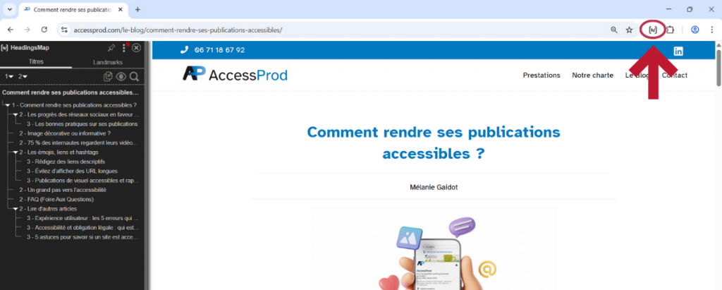 Headingsmap est décrit par un H entre parenthèses. Une fois headingsmap ouvert. Vous pourrez vérifier tous vos niveaux de titre sur la page concernée. 